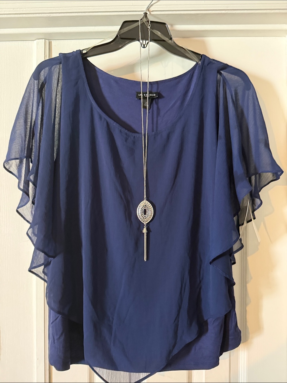 I.N. Studio Navy Layered Flutter Sleeve Blouse